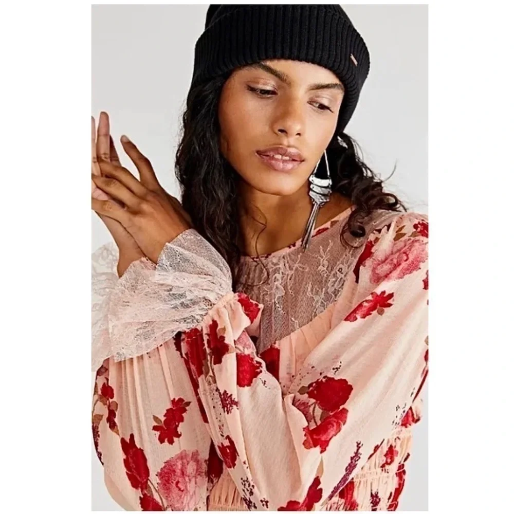 NWT FREE PEOPLE Floral Cropped Ruffle Long Sleeve Lace Smocked Regency Blouse XS